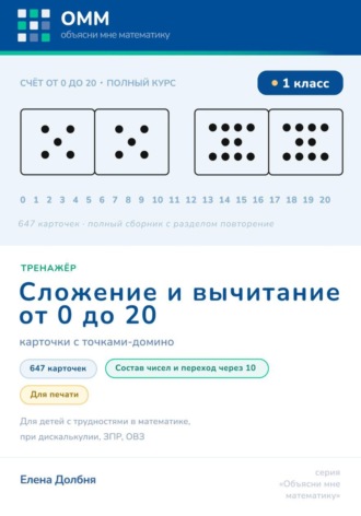 Большой тренажёр по математике 1 класс. Сложение и вычитание 0-20. 647 карточек с точками-домино для печати. Состав числа, переход через десяток. Для детей с трудностями в математике, при дискалькулии