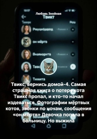 Твикс, вернись домой-4. Самая страшная книга о потере кота Твикс пропал, и кто-то начал издеваться. Фотографии мёртвых котов, звонки по ночам, сообщения «он мёртв» Девочка попала в больницу. Но выжила