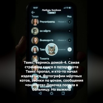 Твикс, вернись домой-4. Самая страшная книга о потере кота Твикс пропал, и кто-то начал издеваться. Фотографии мёртвых котов, звонки по ночам, сообщения «он мёртв» Девочка попала в больницу. Но выжила